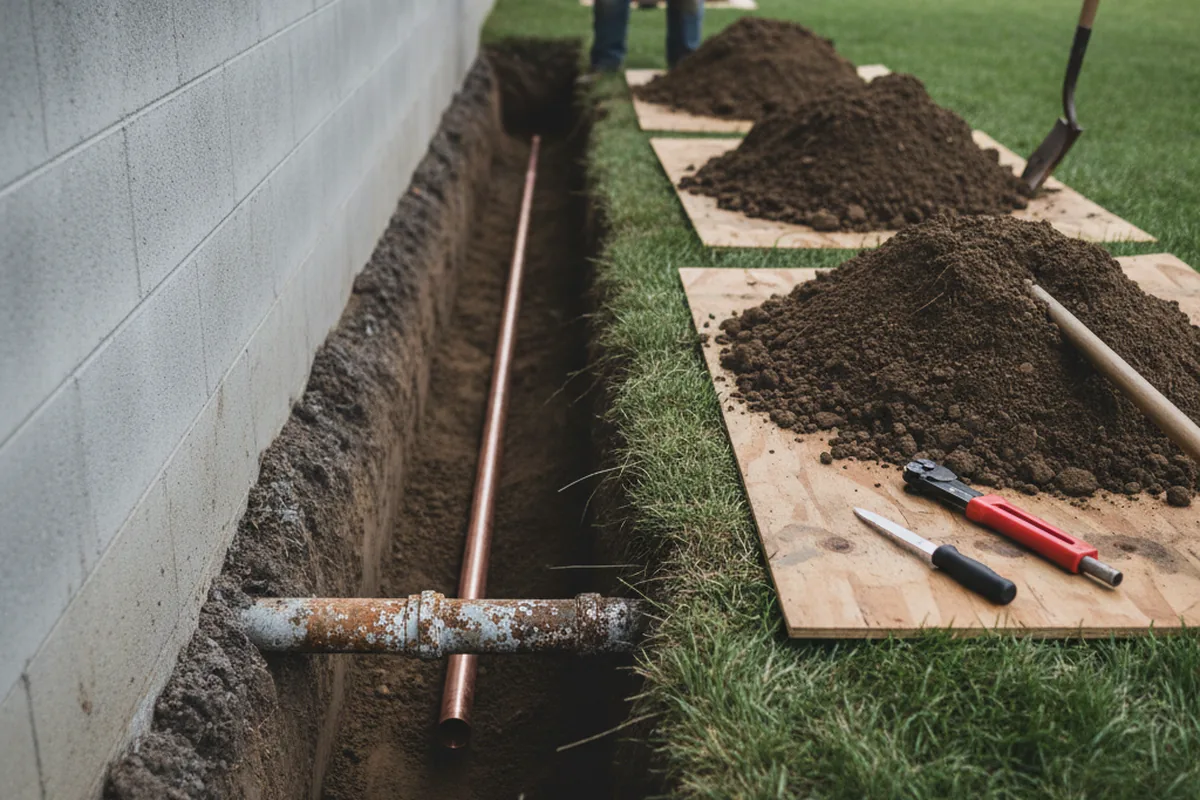 Excavated water line trench during Water Softener Installation in Halstead
